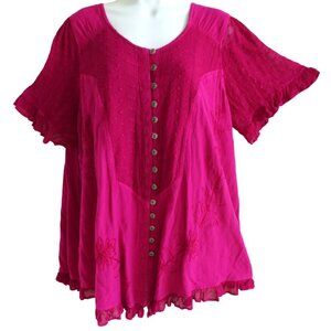 Roamans Embroidered Lace Ruffle Tunic Top Fuscia Etched Metal Button Front 20W